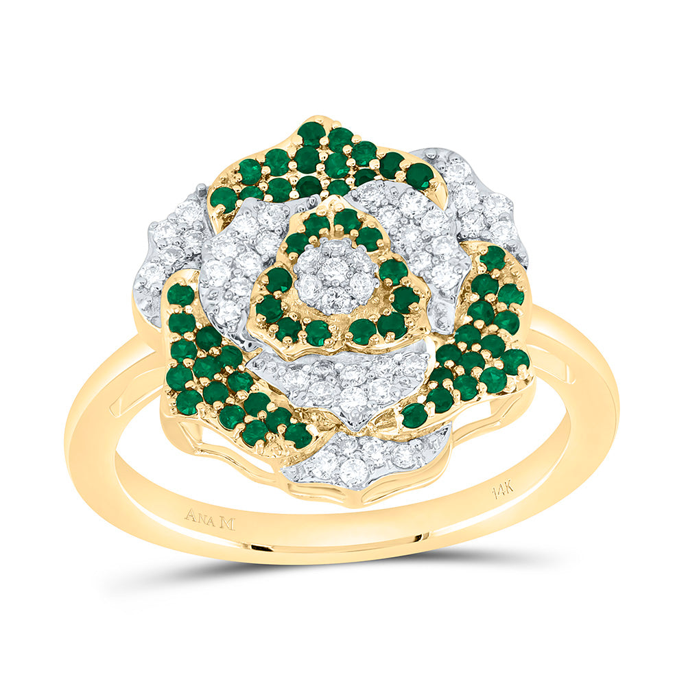 14k Gold 1/4 CTW-Natural Diamond 1/3 Ct-Rd-Em Natural Gemstone Flower Ring