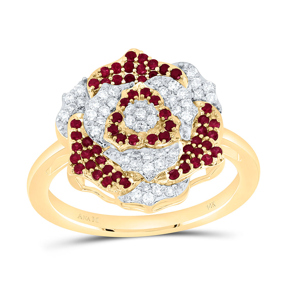 14k Gold 1/4 CTW-Natural Diamond 1/3 Ct-Rd-Ru Natural Gemstone Flower Ring