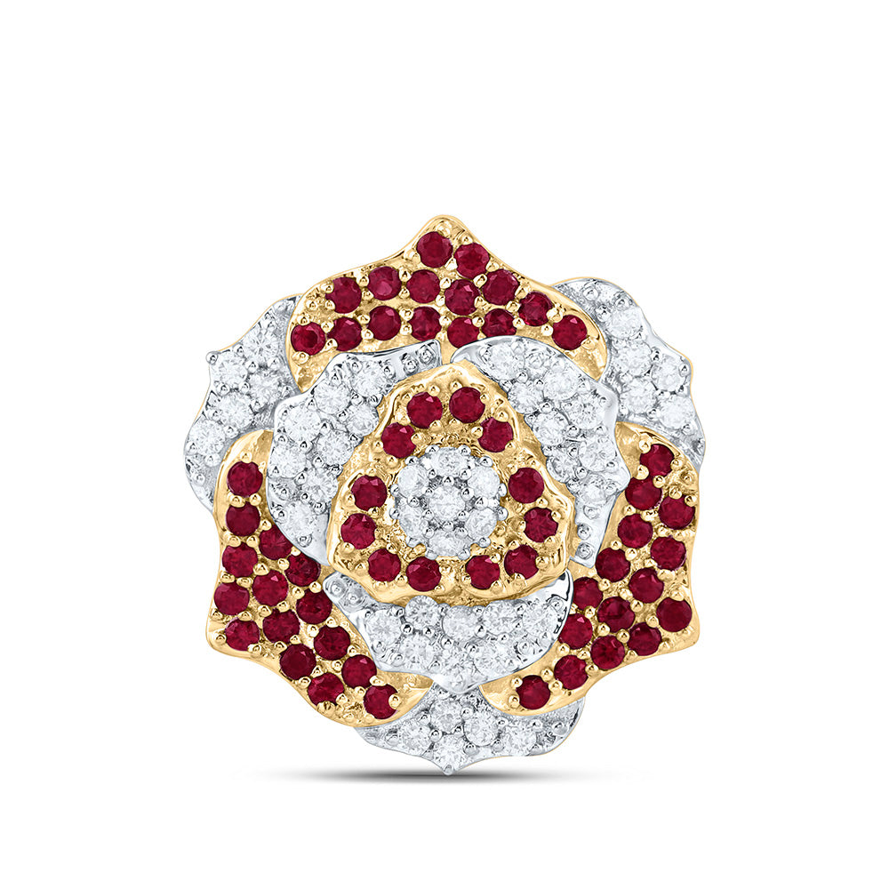 14k Gold 1/4 CTW-Natural Diamond 1/3 Ct-Rd-Ru Natural Gemstone Flower Pendant