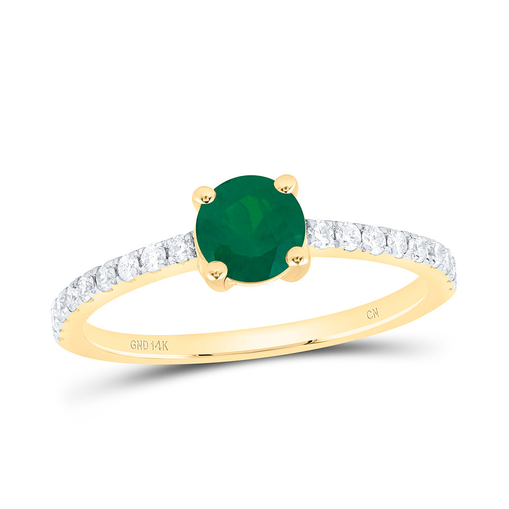 14k Gold 1/5 CTW-Natural Diamond 5MM Rd-Em Natural Gemstone Round Ring