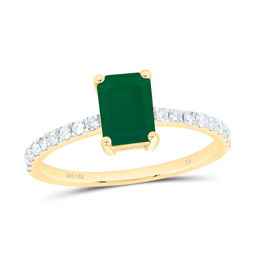 14k Gold 1/5 CTW-Natural Diamond 7X5MM Em-Em Natural Gemstone Emerald Ring