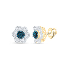 10k Gold 5/8 CTW-Natural Diamond Blue Diamond Flower Earring