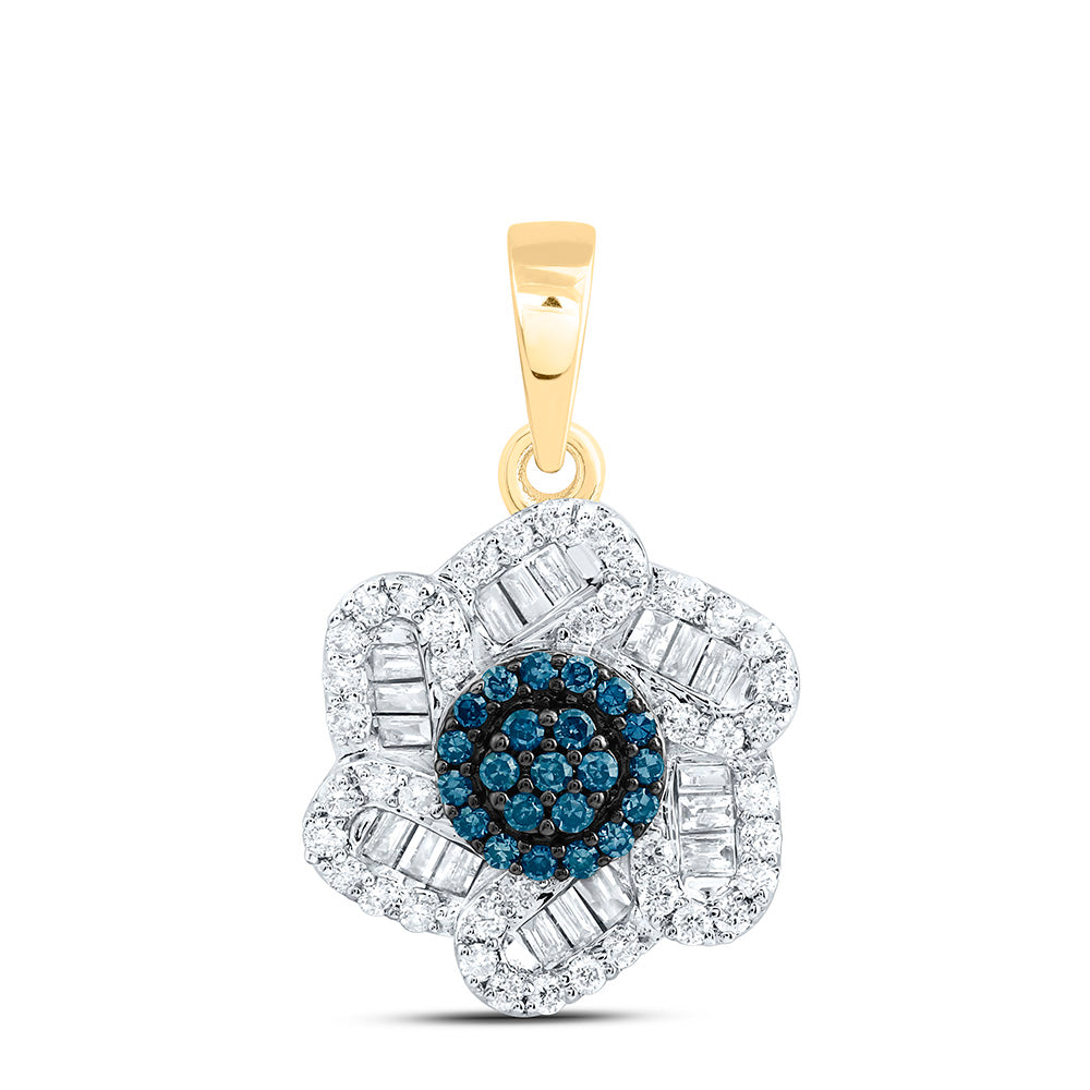10k Gold 3/8 CTW-Natural Diamond Blue Diamond Flower Pendant