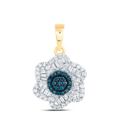 10k Gold 3/8 CTW-Natural Diamond Blue Diamond Flower Pendant
