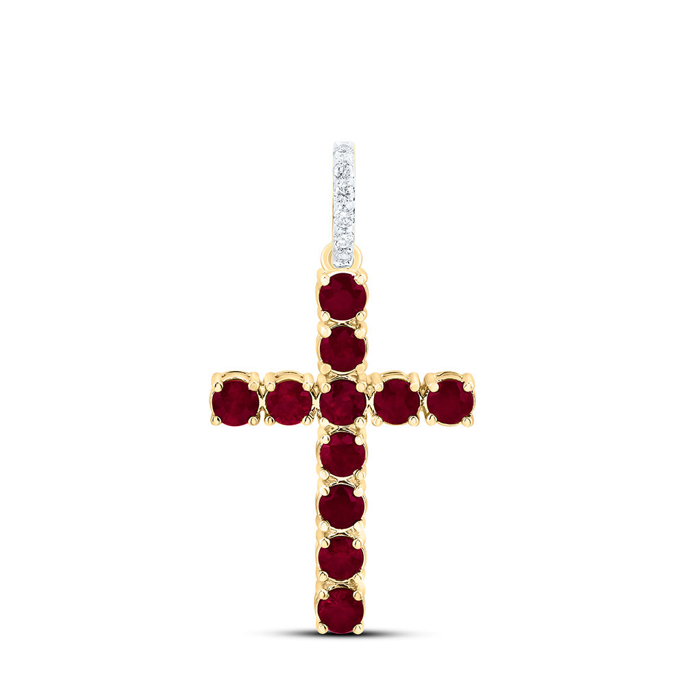 14k Gold 1/20 CTW-Natural Diamond 7/8 Ct-Rd-Ru Natural Gemstone Cross Pendant
