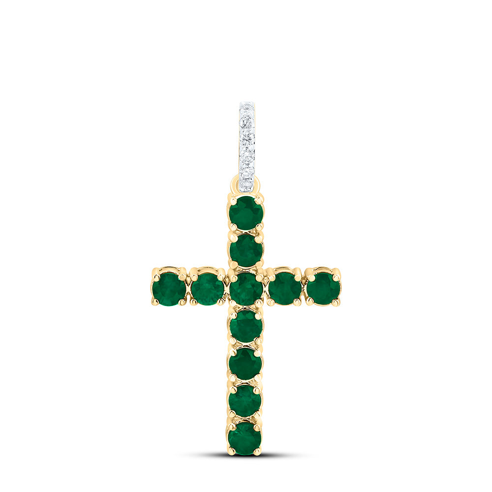 14k Gold 1/20 CTW-Natural Diamond 3/4 Ct-Rd-Em Natural Gemstone Cross Pendant