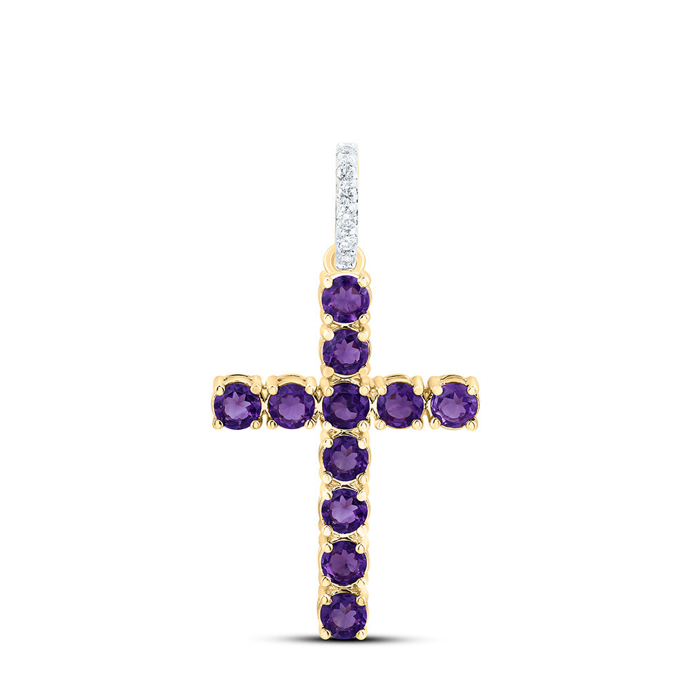 14k Gold 1/20 CTW-Natural Diamond 5/8 Ct-Rd-Amethyst Cross Pendant