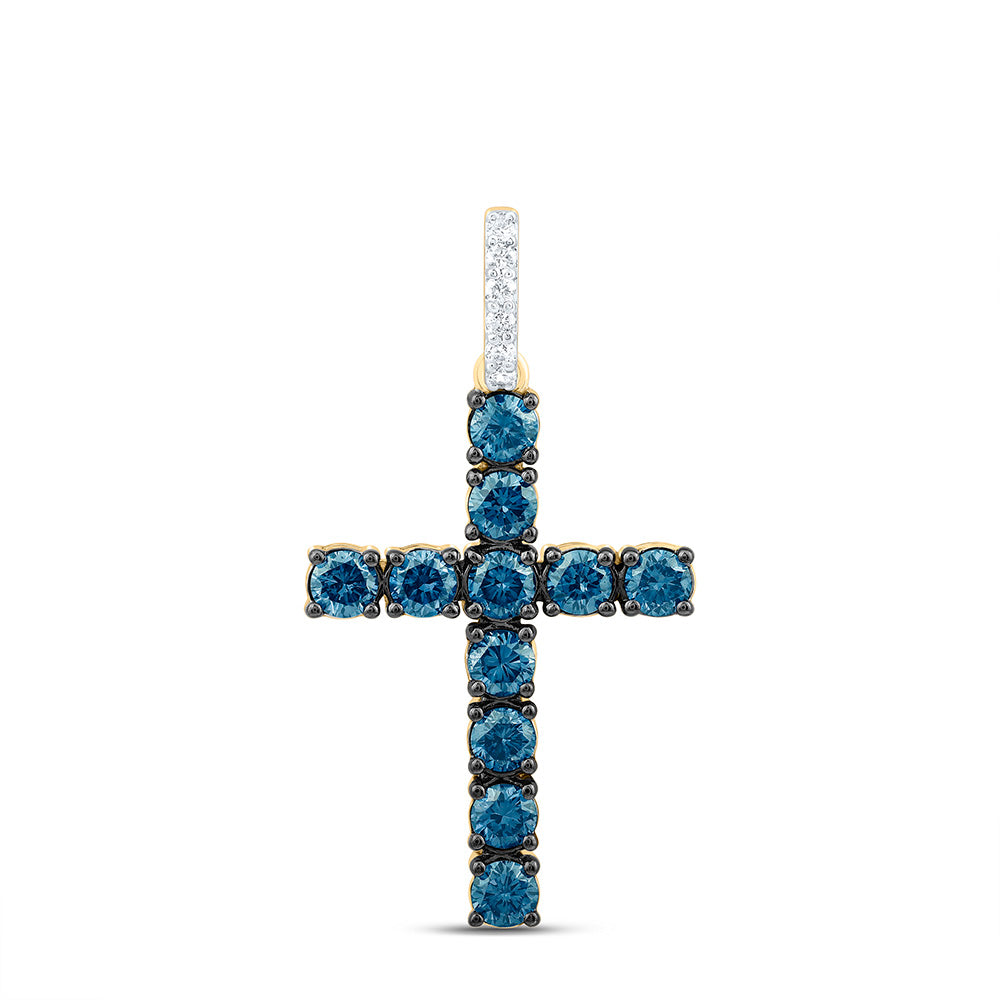 14k Gold 1/20 CTW-Natural Diamond 3/4 Ct-Blue Natural Diamond Cross Pendant