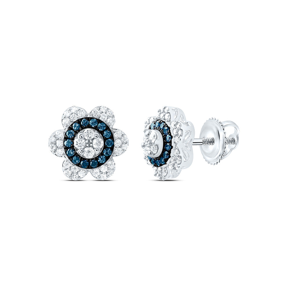 10k Gold 3/8 CTW-Natural Diamond Blue Diamond Flower Earring