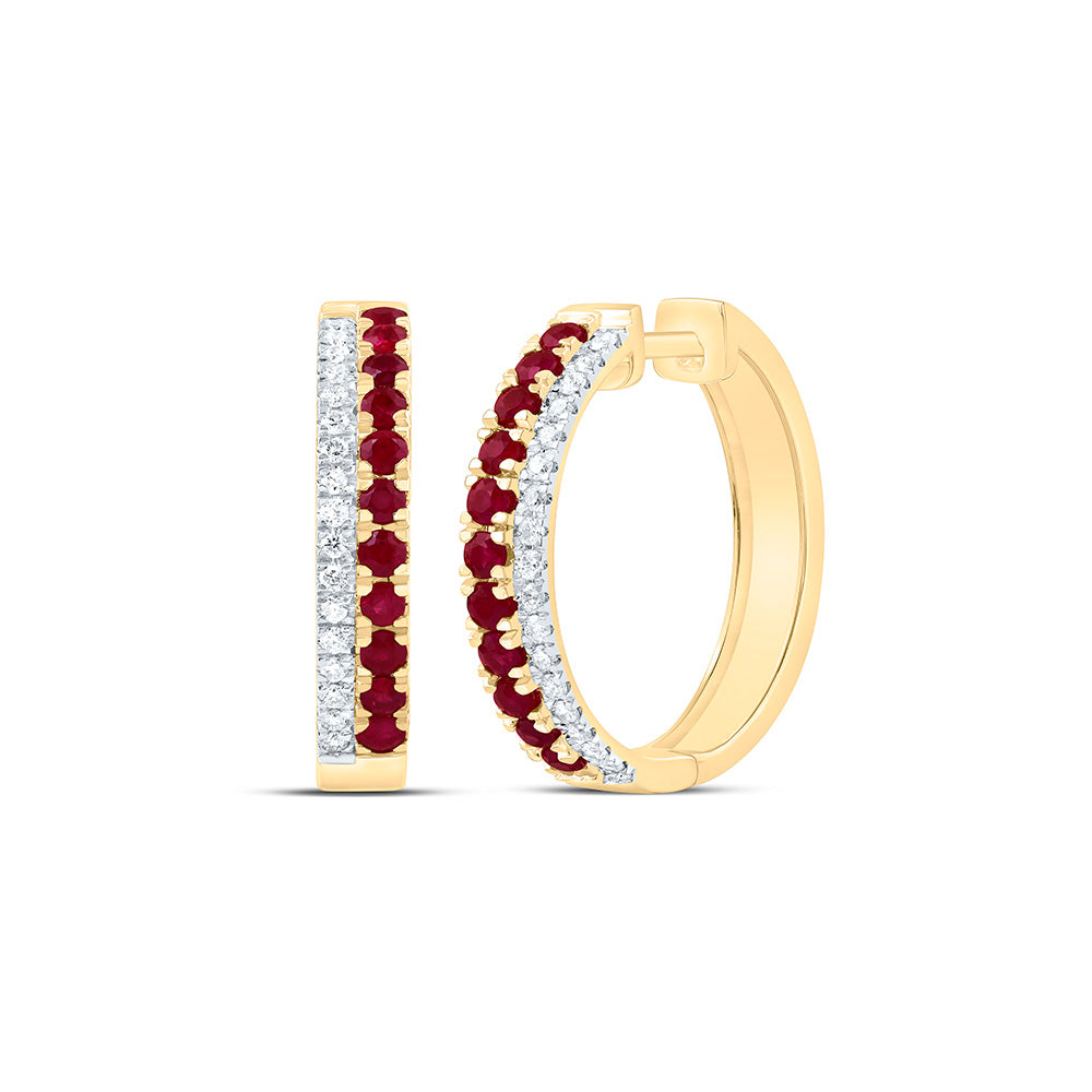 14k Gold 1/4 CTW-Natural Diamond 7/8 Ct-Rd-Ru Natural Gemstone Hoop Earring