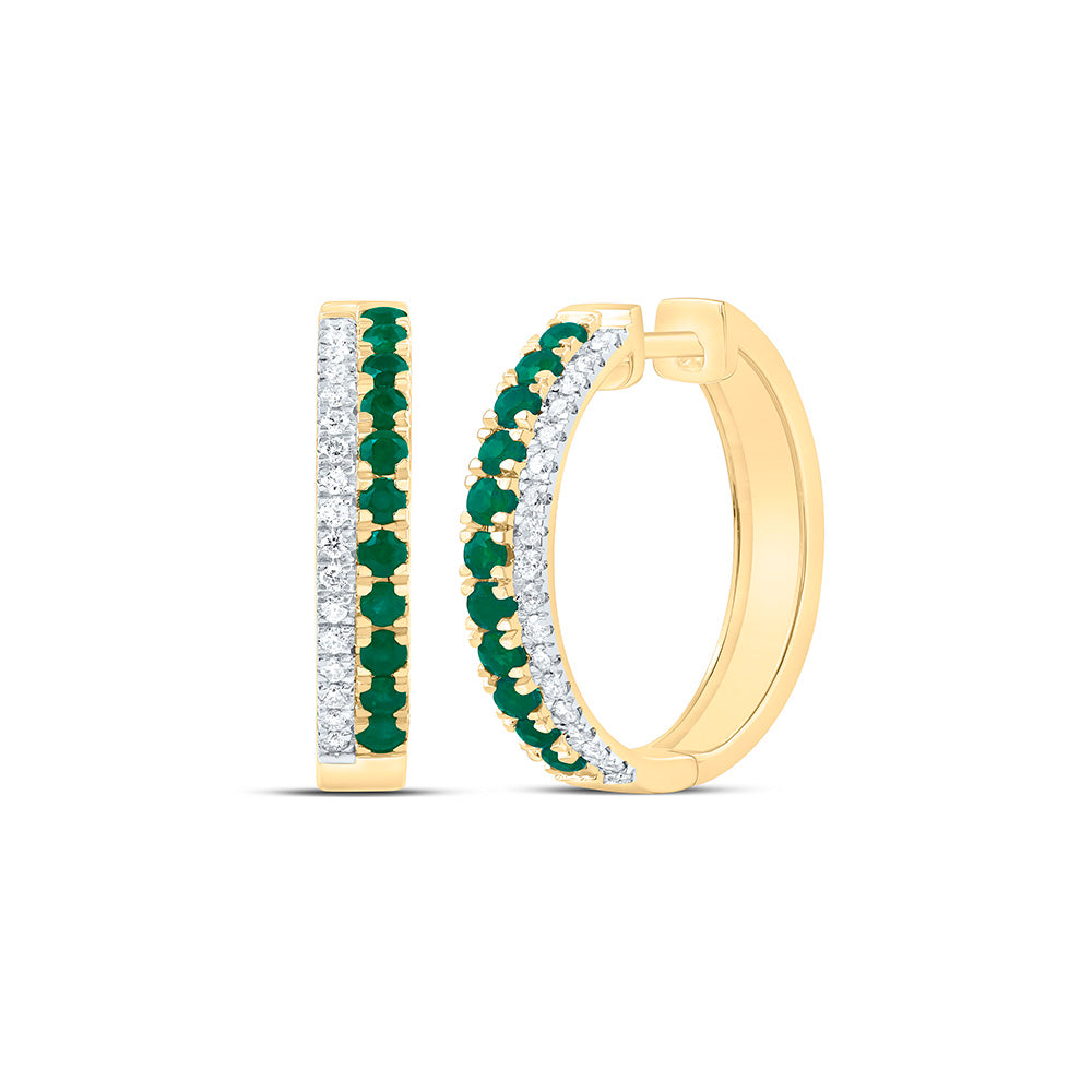 14k Gold 1/4 CTW-Natural Diamond 5/8 Ct-Rd-Em Natural Gemstone Hoop Earring
