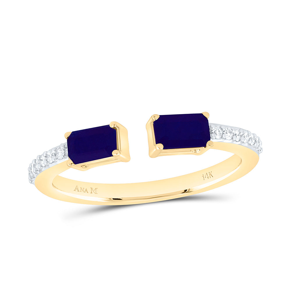 14k Gold 1/10 CTW-Natural Diamond 5X3MM-Em-Blue Sapp Natural Gem Fashion Ring