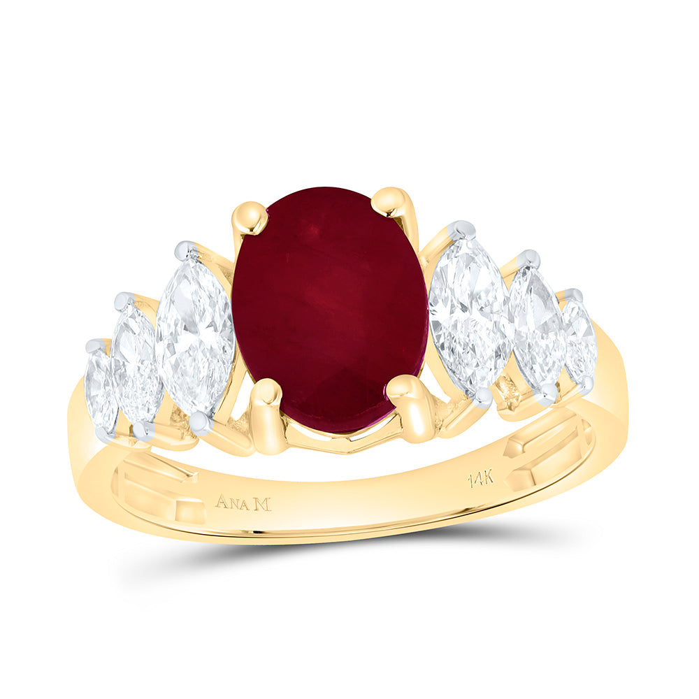 14k Gold 7/8 CTW-Natural Diamond Mq-I1 9X7MM-Ov-Ruby Natural Gem Fashion Ring