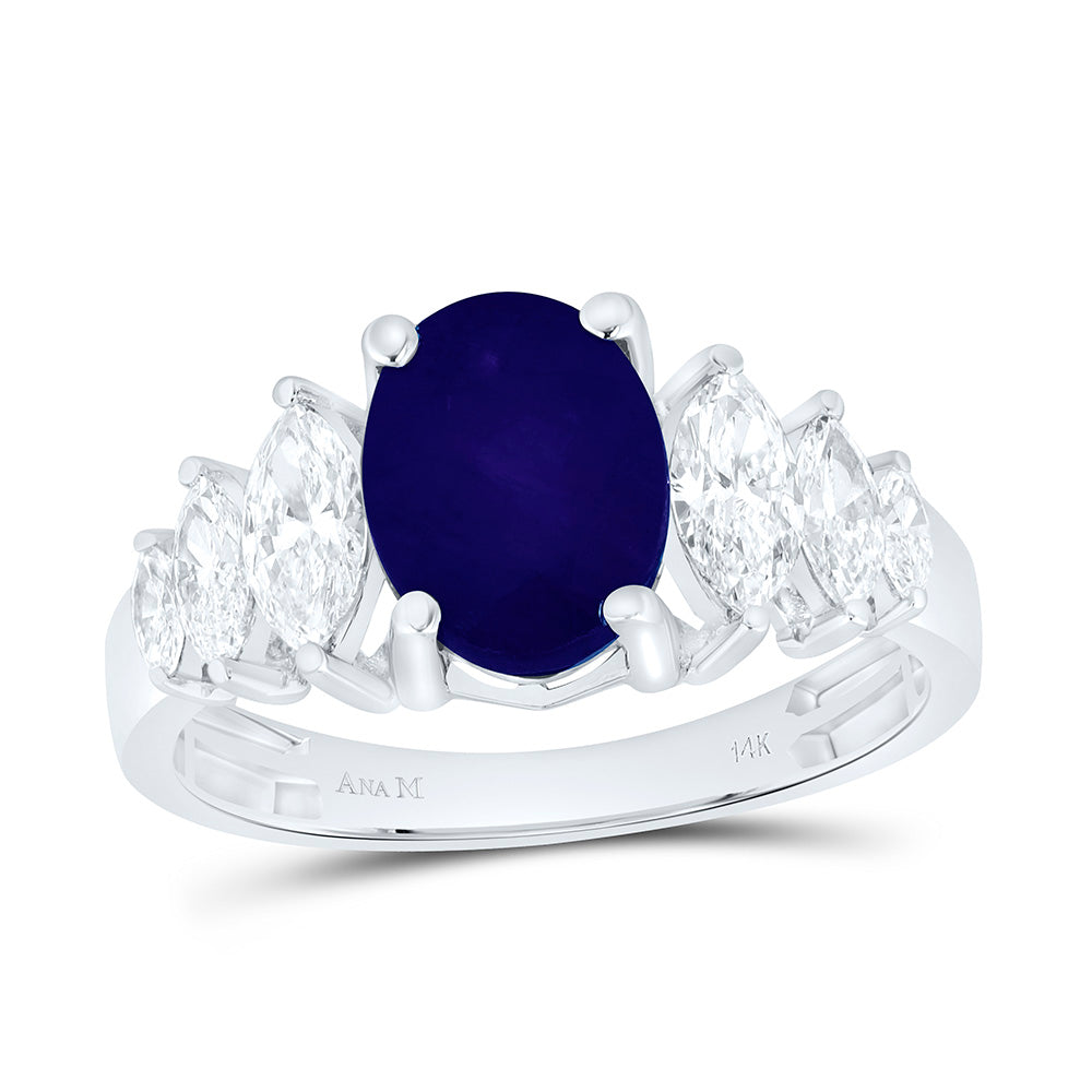 14k Gold 7/8 CTW-Natural Diamond Mq-I1 9X7MM-Ov-Blue Sapp Natural Gem Fashion Ring