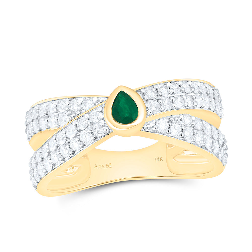 14k Gold 3/4 CTW-Natural Diamond 4X3MM-Ps-Em Natural Gemstone Pear Ring