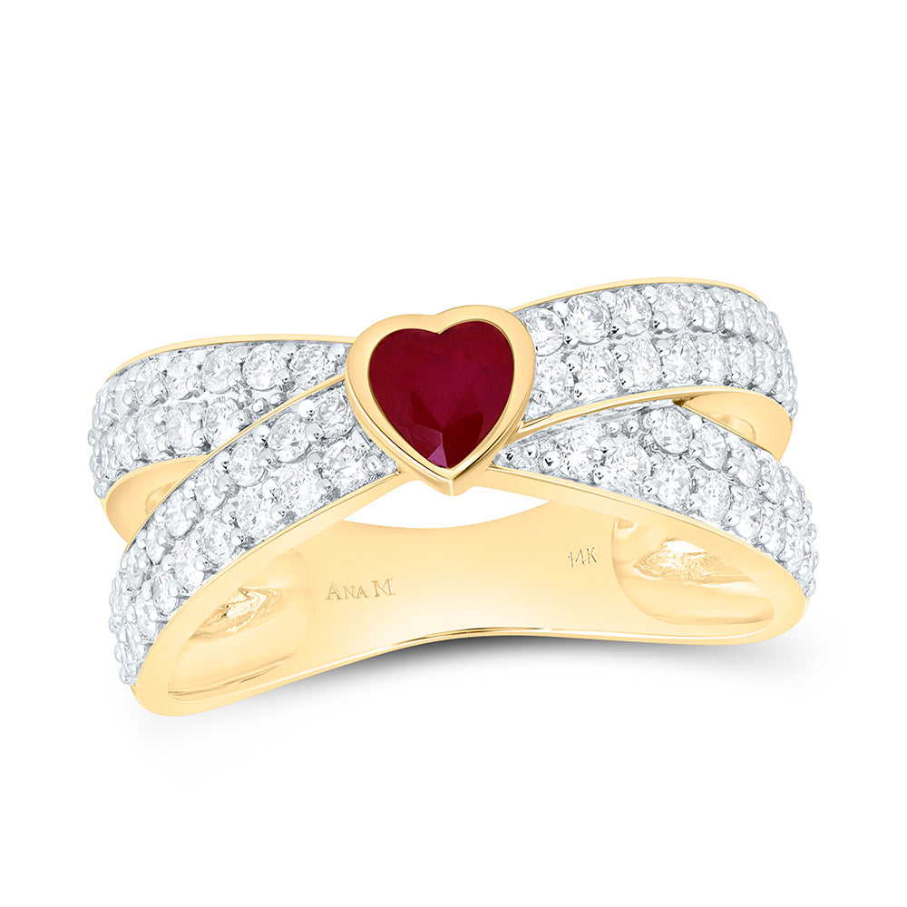 14k Gold 3/4 CTW-Natural Diamond 4.5MM-Ht-Ru Natural Gemstone Heart Ring