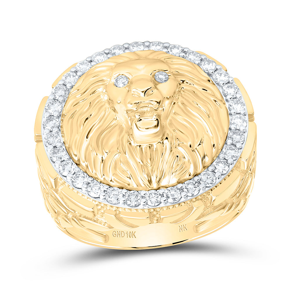 10k Gold 7/8 CTW-Natural Diamond Lion Face Mens Ring