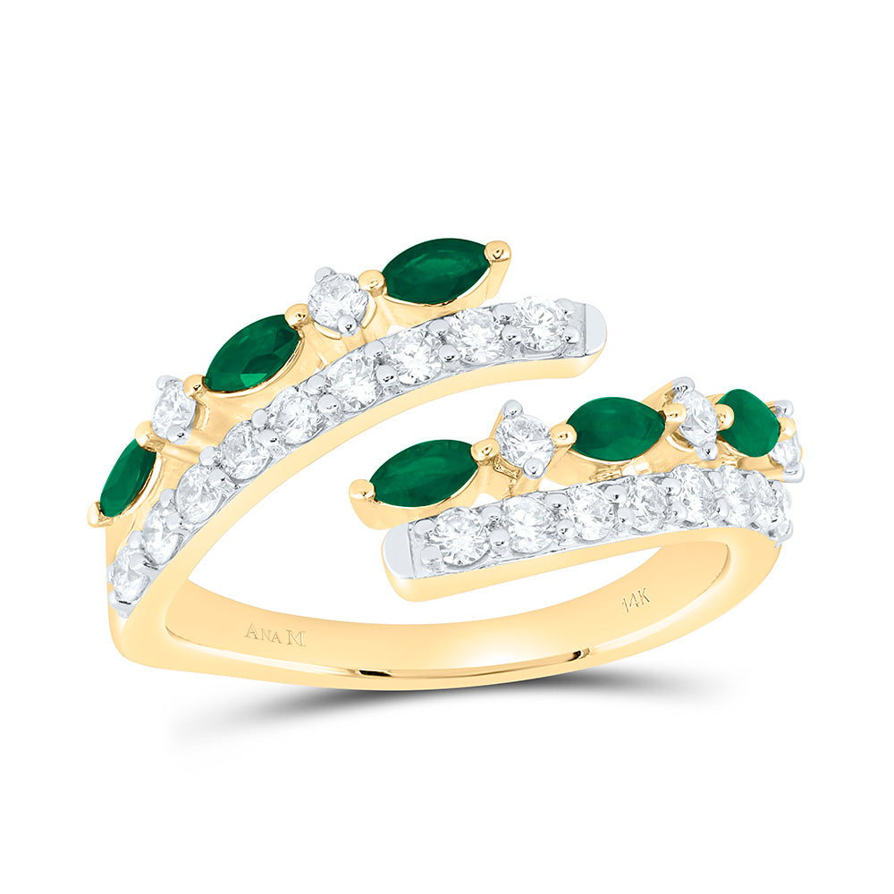 14k Gold 5/8 CTW-Natural Diamond 1/2 Ct-Emerald Natural Gem Cuff Ring