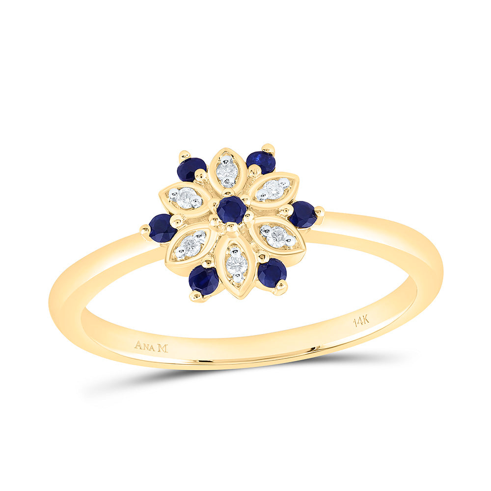 14k Gold 0.03 CTW-Natural Diamond 1/8 Ct-Rd-Blue Sapp Natural Gemstone Flower Ring