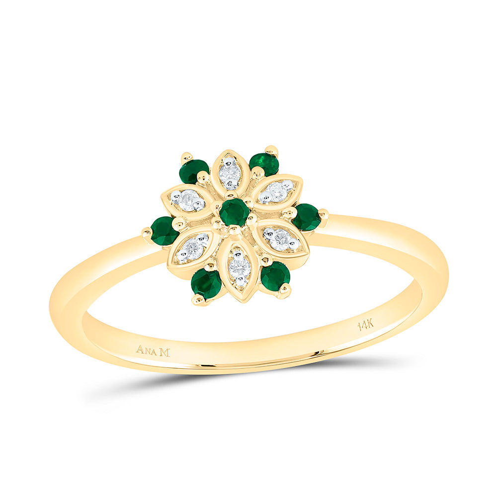 14k Gold 0.03 CTW-Natural Diamond 1/10 Ct-Rd-Emerald Natural Gemstone Flower Ring