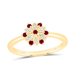 14k Gold 0.03 CTW-Natural Diamond 1/10 Ct-Rd-Ruby Natural Gemstone Flower Ring