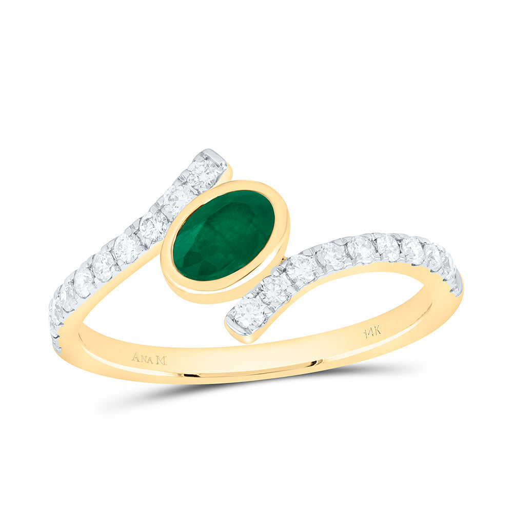 14k Gold 1/4 CTW-Natural Diamond 6X4MM-Ov-Emerald Natural Gemstone Oval Ring