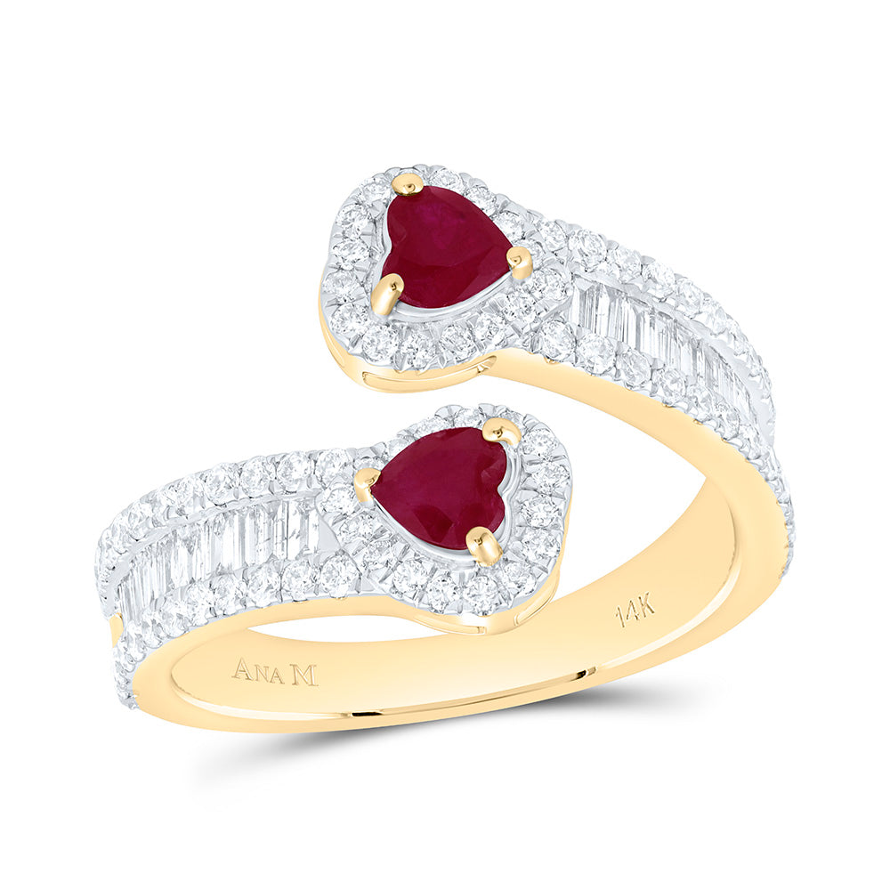 14k Gold 7/8 CTW-Natural Diamond 4MM-Ht-Ru Natural Gemstone Heart Cuff Ring