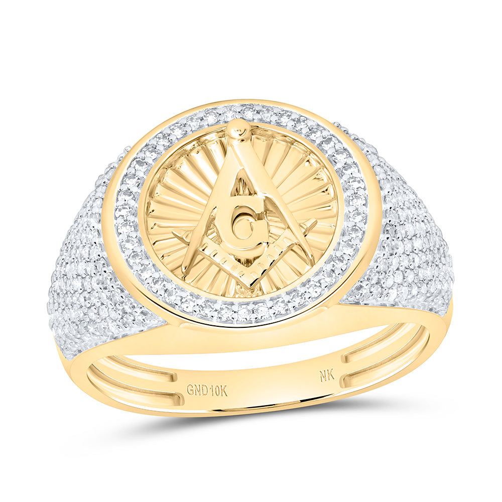 10k Gold 3/4 CTW-Natural Diamond Massonic Round Mens Ring