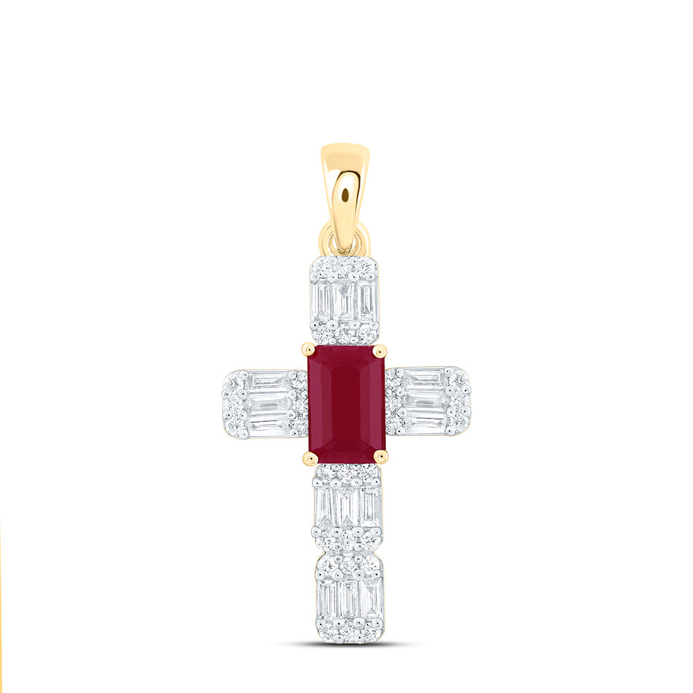 14k Gold 1/3 CTW-Natural Diamond 6X4MM-Em-Ru Natural Gemstone Cross Pendant