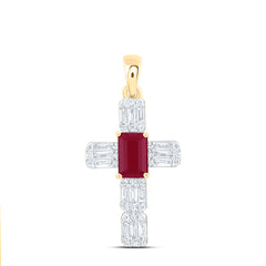 14k Gold 1/3 CTW-Natural Diamond 6X4MM-Em-Ru Natural Gemstone Cross Pendant