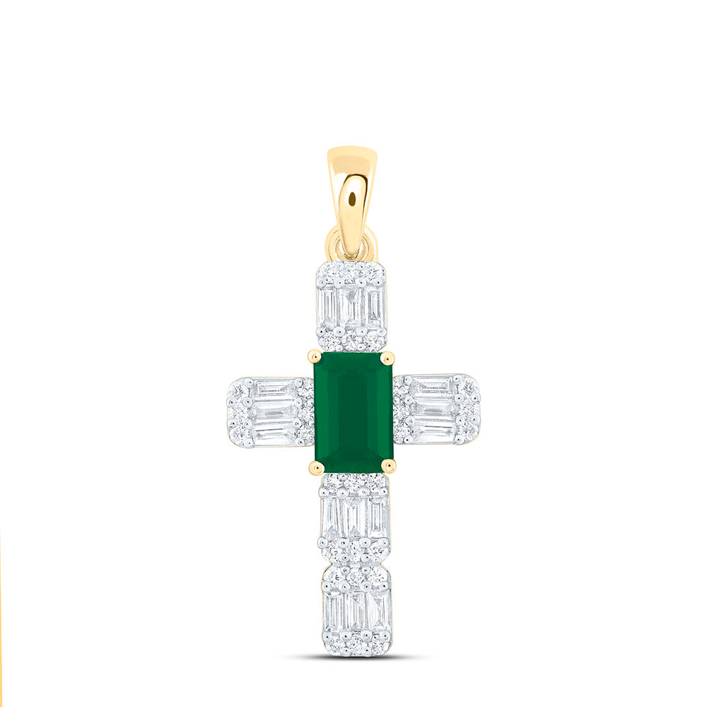 14k Gold 1/3 CTW-Natural Diamond 6X4MM-Em-Em Natural Gemstone Cross Pendant