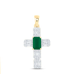14k Gold 1/3 CTW-Natural Diamond 6X4MM-Em-Em Natural Gemstone Cross Pendant