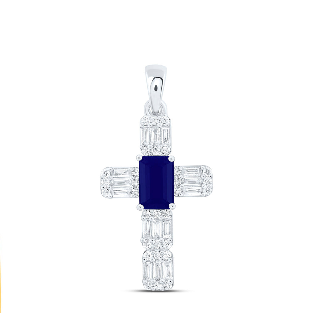 14k Gold 1/3 CTW-Natural Diamond 6X4MM-Em-Bs Natural Gemstone Cross Pendant