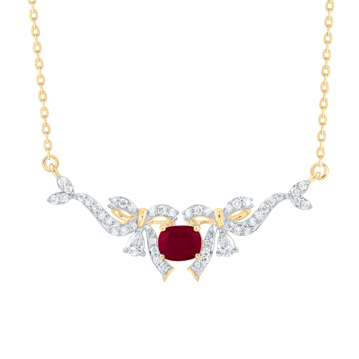 14k Gold 1/3 CTW-Natural Diamond 5X4MM-Cu-Ru Natural Gemstone Bow Necklace(18 Inch )