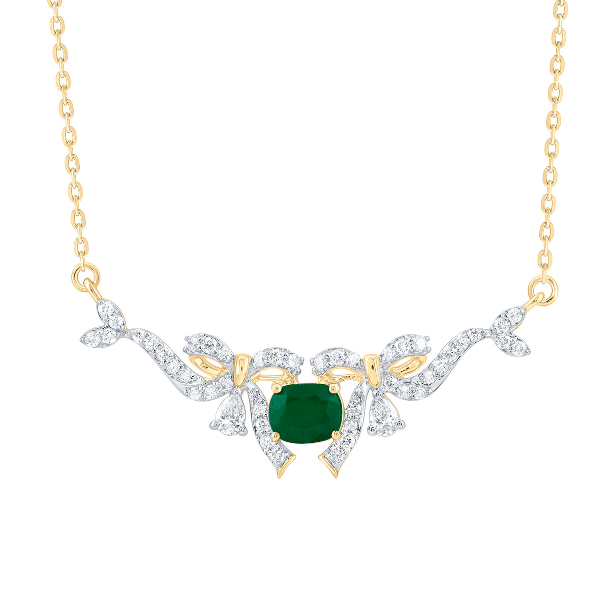 14k Gold 1/3 CTW-Natural Diamond 5X4MM-Cu-Em Natural Gemstone Bow Necklace(18 Inch )