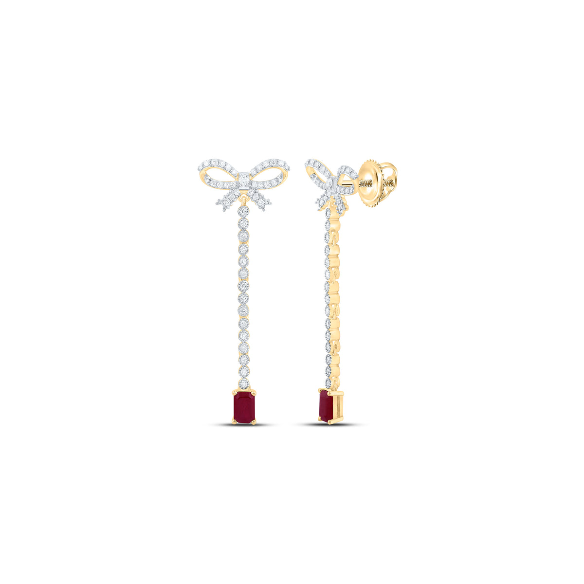 14k Gold 3/4 CTW-Natural Diamond 6X4MM Em-Ru Natural Gemstone Bow Dangling Earring
