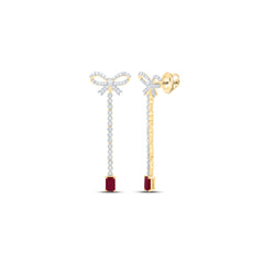 14k Gold 3/4 CTW-Natural Diamond 6X4MM Em-Ru Natural Gemstone Bow Dangling Earring