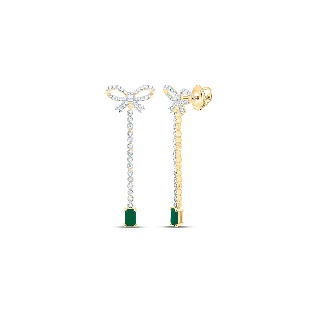 14k Gold 3/4 CTW-Natural Diamond 6X4MM Em-Em Natural Gemstone Bow Dangling Earring