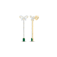 14k Gold 3/4 CTW-Natural Diamond 6X4MM Em-Em Natural Gemstone Bow Dangling Earring