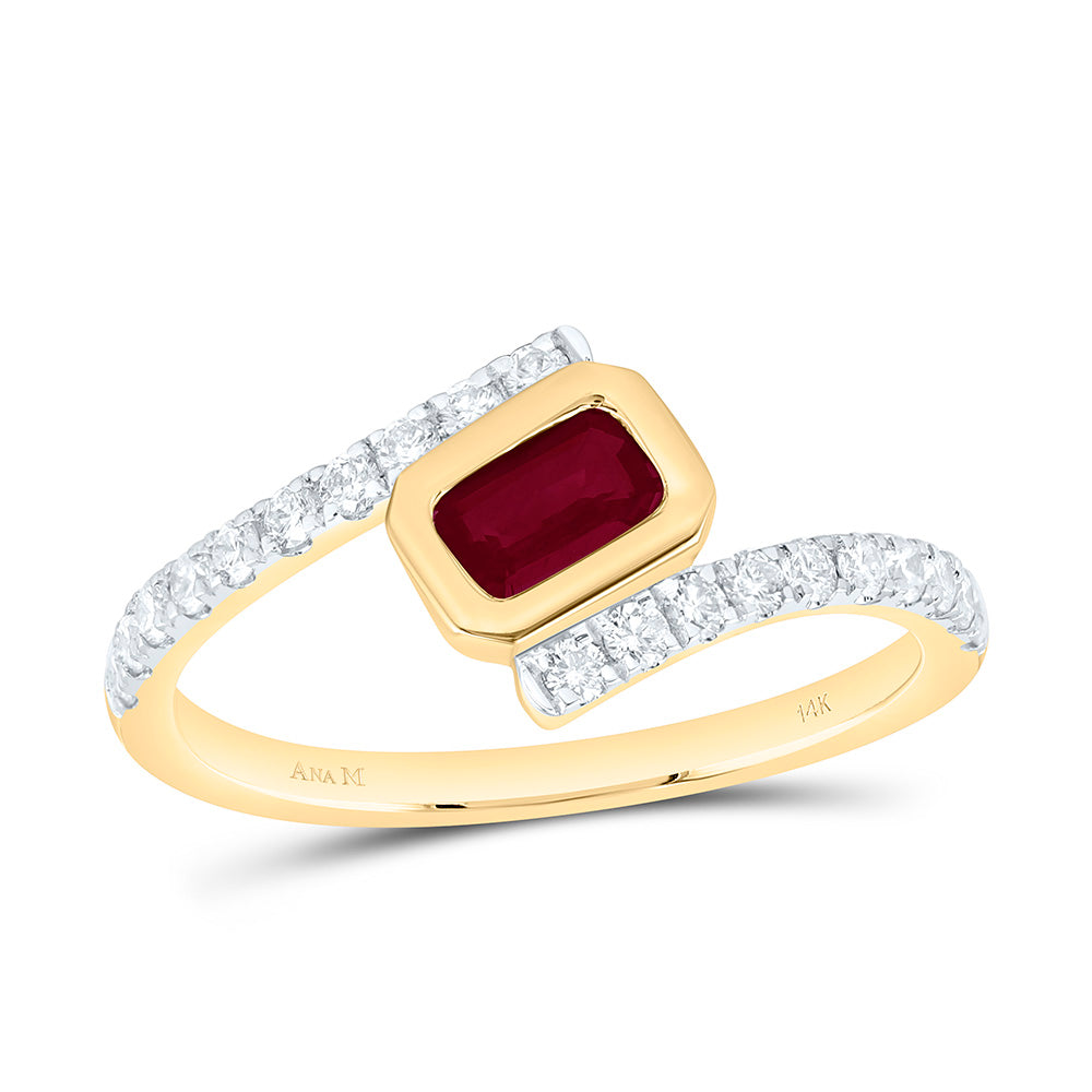 14k Gold 1/3 CTW-Natural Diamond 6X4MM-Em-Ru Natural Gemstone Emerald Ring