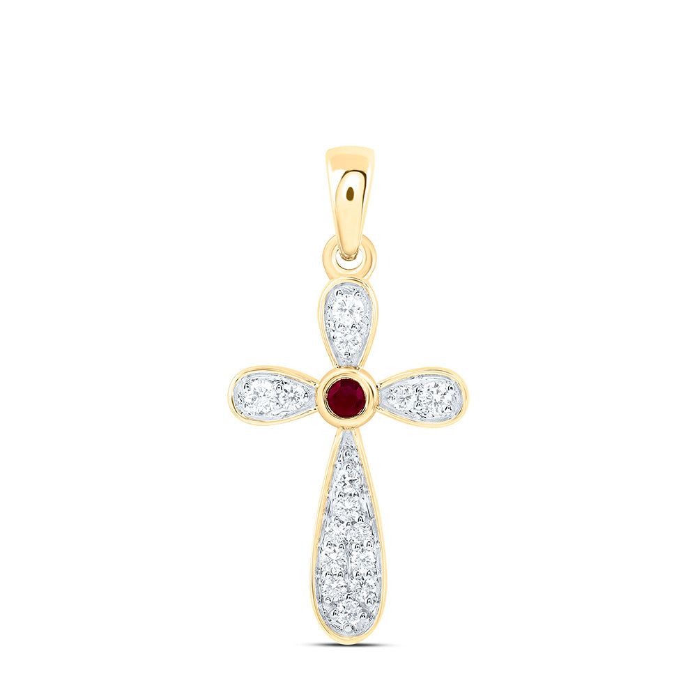 14k Gold 1/5 CTW-Natural Diamond 2.20MM Rd-Ruby Natural Gemstone Cross Pendant