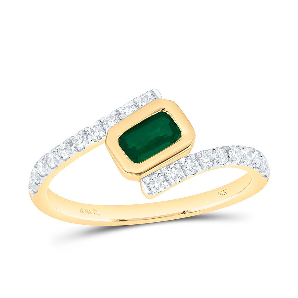 14k Gold 1/3 CTW-Natural Diamond 6X4MM Em-Em Natural Gemstone Emerald Ring