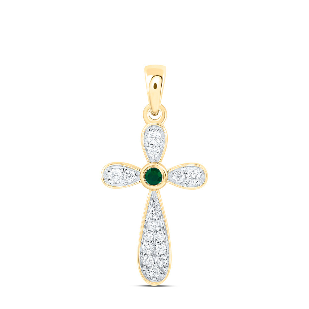 14k Gold 1/5 CTW-Natural Diamond 2.20MM Rd-Em Natural Gemstone Cross Pendant