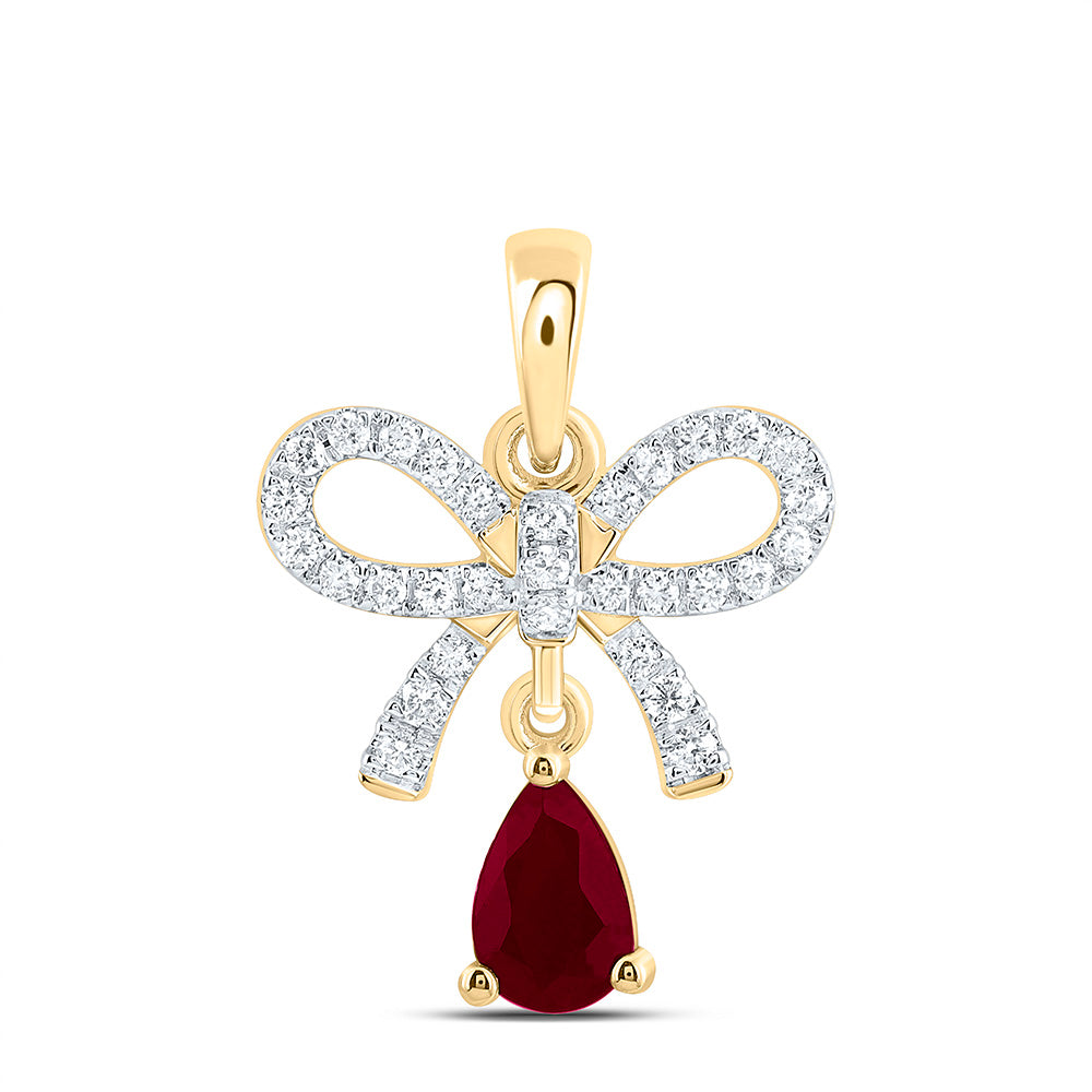 14k Gold 1/6 CTW-Natural Diamond 6X4MM-Ps-Ru Natural Gemstone Bow Pendant