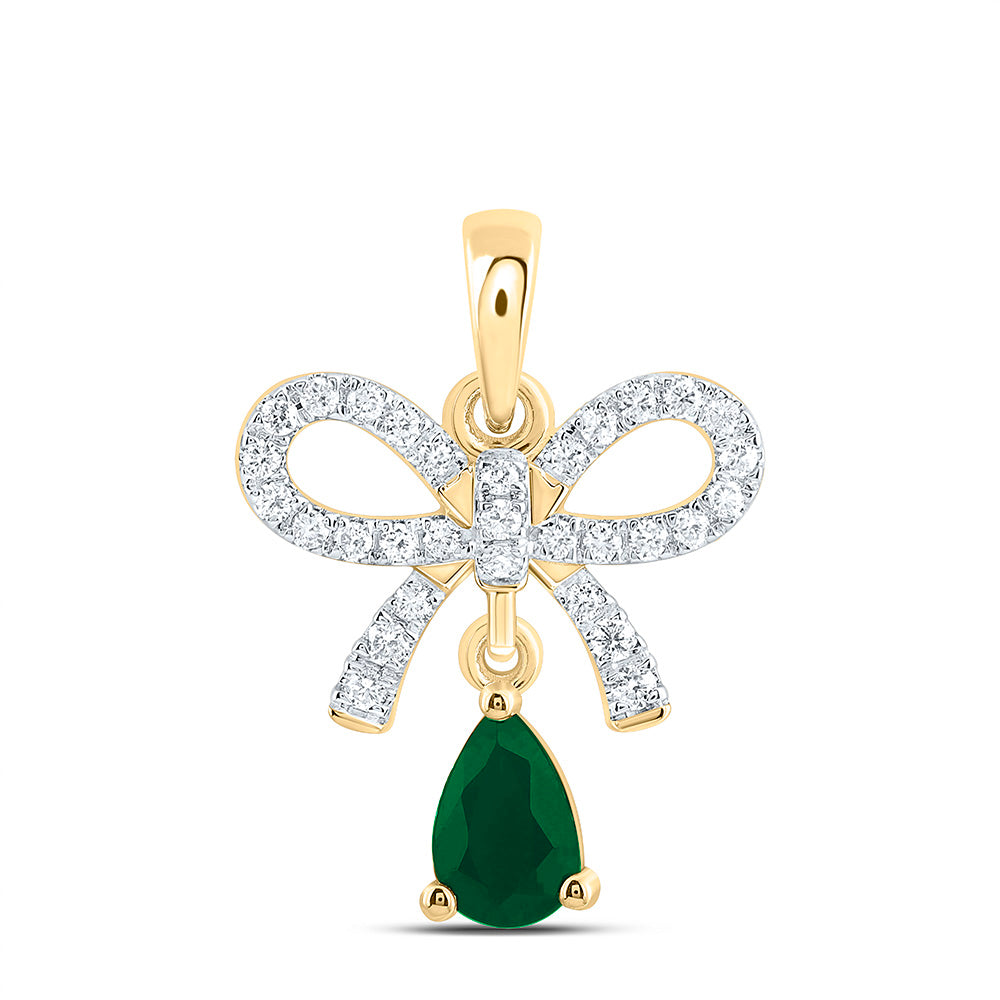 14k Gold 1/6 CTW-Natural Diamond 6X4MM-Ps-Em Natural Gemstone Bow Pendant