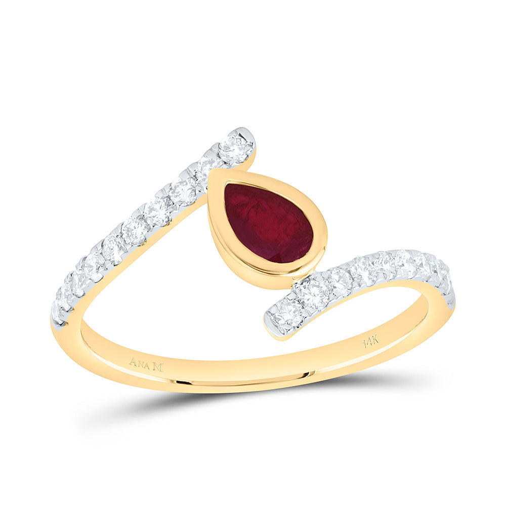 14k Gold 1/3 CTW-Natural Diamond 6X4MM-Ps-Ru Natural Gemstone Pear Ring
