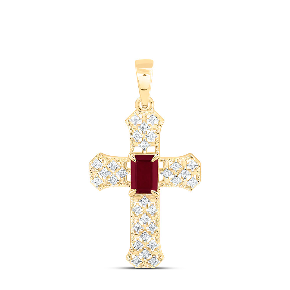 14k Gold 1/4 CTW-Natural Diamond 6X4MM Em-Ru Natural Gemstone Cross Pendant