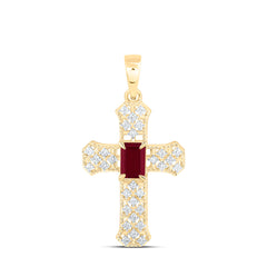 14k Gold 1/4 CTW-Natural Diamond 6X4MM Em-Ru Natural Gemstone Cross Pendant