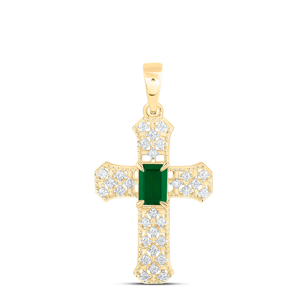 14k Gold 1/4 CTW-Natural Diamond 6X4MM Em-Em Natural Gemstone Cross Pendant
