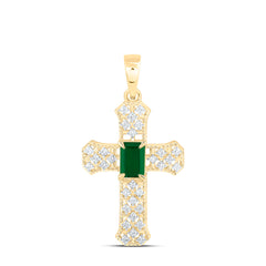14k Gold 1/4 CTW-Natural Diamond 6X4MM Em-Em Natural Gemstone Cross Pendant